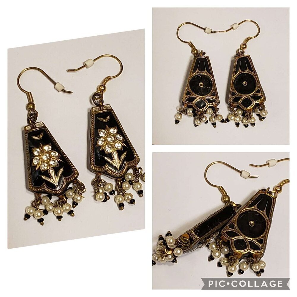 Vintage Paper Mache Pearls Jewelry Earrings Dangle Black Enamel Glass Crystals